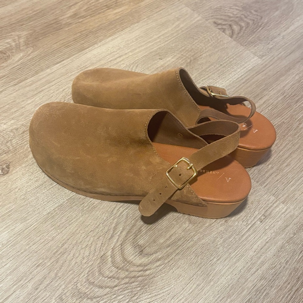 Anthropologie Tan Suede Slingback Clogs